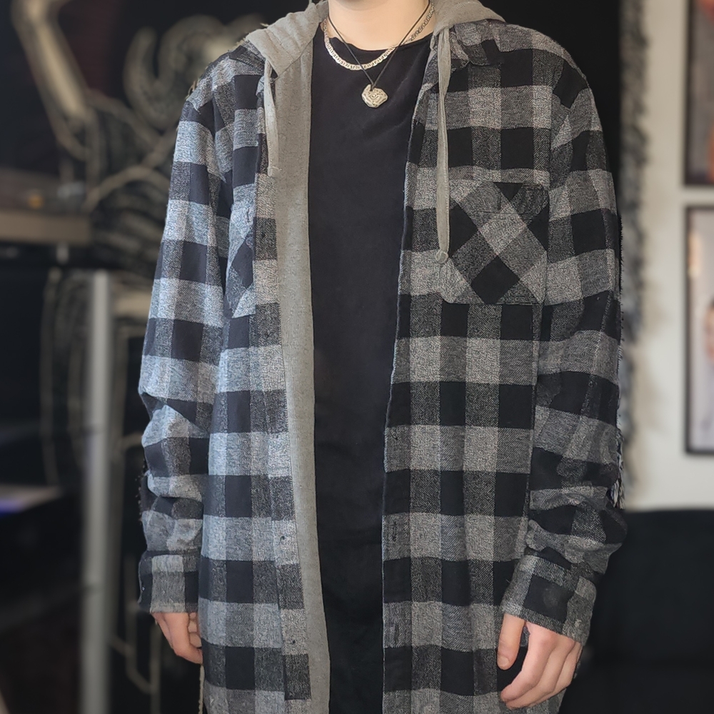 Black and Gray Plaid Hooded Shirt